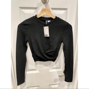 Cropped black glitter long sleeve top